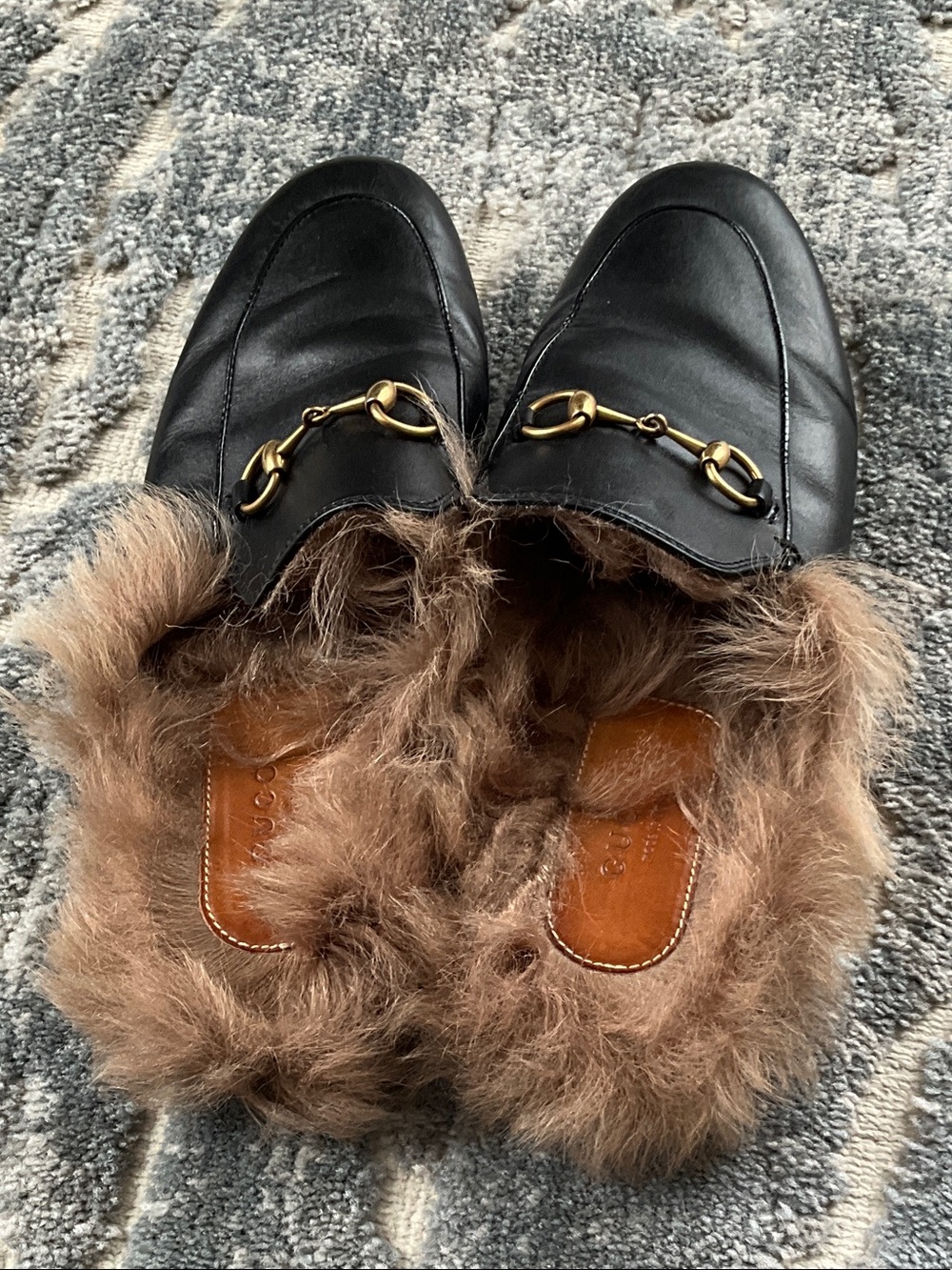 Gucci Black Leather Fur-Lined Slip-On Mules with Gold Horsebit